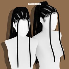 two mannequins with long black hair and braids on their heads, both facing each other