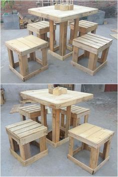 this is an image of a table made out of pallet wood and some benches