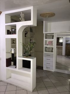 a living room filled with furniture and a plant in the middle of it's shelves