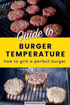 burgers cooking on an outdoor grill with text overlay reading guide to burger temperature how to grill a perfect burger