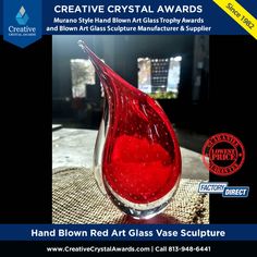 Hand blown art glass vase award, vase art glass award, Murano style art glass vase sculpture, artistic glass vase trophy, blown glass vase, art glass red vase award, red art glass vase award, red vase art glass award,art glass award, art glass sculpture, teardrop art glass vase, art glass teardrop vase award, reg glass vase Glass Vases Centerpieces