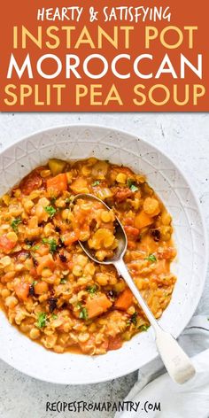 hearty and tasty looking instant pot moroccan split pea soup in a white bowl