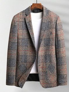 Style:Casual \nDetails:Button \nNeckline:Lapel \nDetails:Pocket \nType:Regular \nPlacket:Single Breasted \nSleeve Type:Regular Sleeve \nColor:Khaki \nPattern Type:Houndstooth \nPattern Type:Plaid \nSleeve Length:Long Sleeve \nLength:Regular \nTemperature:Late Fall (10-17℃/50-63℉) \nPockets:Fake Pockets \nBody:Unlined \nFit Type:Slim Fit \nFabric:Non-Stretch \nMaterial:Woven Fabric \nComposition:74.9% Polyester \nComposition:9.9% Viscose \nComposition:6.3% Acrylic \nComposition:5.3% Wool \nComposition:3.6% Polyamide \nCare Instructions:Machine wash or professional dry clean \nSheer:No \n Plaid Blazer Outfit, Clothing Ads, Mens Dress Outfits, Man Blazer, Mens Fashion Wear, Dress Men, Mens Casual Dress Outfits, Khaki Fashion, Mens Casual Dress