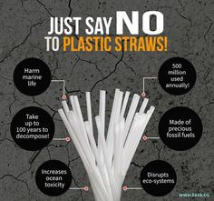 white plastic straws with information about them on cracked concrete and text that says, just say no to plastic straws