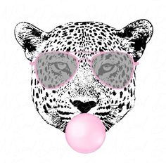 a black and white leopard with pink sunglasses blowing a bubble in front of its face