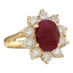 Stamped: 14K Yellow Gold Total Ring Weight: 4.5 Grams Gemstone Weight: Total Natural Ruby Weight is 2.45 Carat (Measures: 9.45x7.30 mm) Color: Red Diamond Weight: Total Natural Diamond Weight is 1.10 Carat Quantity:10 Color: F-G, Clarity: VS2-SI1 Face Measures: 15.75x14.00 mm Sku: [703789W] Classic Cluster Ruby Ring, Classic Yellow Gold Gia Certified Ruby Ring, Classic Yellow Gold Ruby Ring Gia Certified, Classic Cluster Ruby Ring With Center Stone, Classic Ruby Cluster Ring With Center Stone, Classic Red Cluster Ruby Ring, Classic Red Ruby Cluster Ring, Classic Red Cluster Diamond Ring, Classic Ruby Cluster Ring With Gemstone