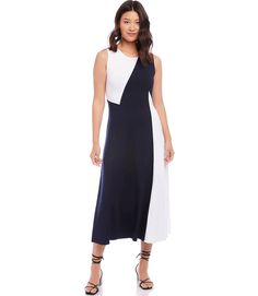 Dynamically contrasting panels give this figure-flattering dress an edgy, modern look. It also features a trend-right midi length. Colorblock Maxi Dress, Figure Flattering Dresses, Color Block Maxi Dress, Blue Dress Casual, Day To Night, Colorblock Dress, Blue Midi Dress, To Night