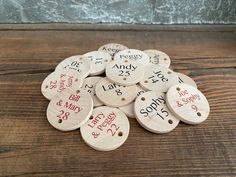 wooden tags with words and numbers on them