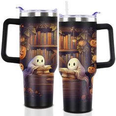 two halloween themed mugs with books and pumpkins on the shelf in front of them