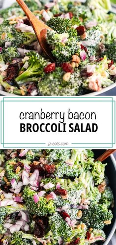 broccoli salad with cranberries and bacon in a bowl