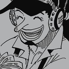 a black and white drawing of a smiling man with headphones on his ears, reading a book