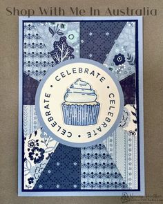 a blue and white greeting card with a cupcake on the front that says, shop with me in australia