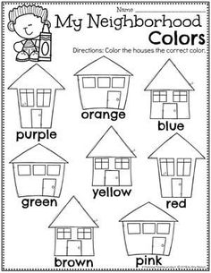 a worksheet with the words, my neighborhood colors and an image of a house