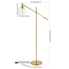 the brass floor lamp has a glass shade on it and is shown with measurements for the base