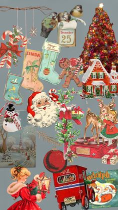 a collage of christmas decorations and santa's helper items on a gray background