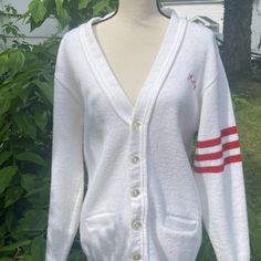 Vintage Early 1990s White Acrylic Varsity Letter Man Sweater Fairfield Cheerleader Size 40 Measurements Laying Flat 20 Inch Chest 28 Inch Length 27 Inch Sleeve Preppy White Cardigan For Fall, White Preppy Cardigan For Fall, Vintage White V-neck Outerwear, Preppy White Winter Cardigan, White Preppy Cardigan For Winter, Vintage White V-neck Cardigan, White Long Sleeve Preppy Cardigan, Man Sweater, Sweaters Vintage