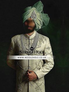 Indian Jamawar Mens Sherwani For Groom in Birmingham UK Groom Turban, Sherwani For Groom, Sherwani Groom, Mens Sherwani