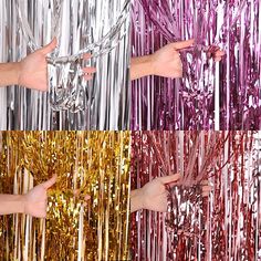 two hands reaching out to each other in front of tinsel and foil curtain backdrops