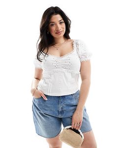 ASOS DESIGN Curve puff sleeve eyelet milkmaid top in white | ASOS White Smocked Bodice Puff Sleeve Top, White Puff Sleeve Top With Smocked Bodice, Milkmaid Top, Save Outfits, Petite Shirts, Prom Dress Shopping, Plus Size Designers, Asos Curve, Lace Trims