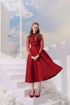 Velveta A-line Long Sleeved Brocade Midi Dress MEAN BLVD Luxury Red Formal Midi Dress, Luxury Midi Length Gown For Prom, Red Dress Midi, Vintage Western Dress, Elegant Red Dress, Luxury Materials, Bridal Party Gowns, Mean Blvd, Frock Dress