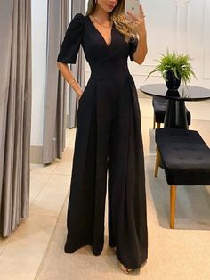 🚚FREE Shipping on orders over $80 ✨ use Code: "Mylook" for Extra Discount at checkout Gender: Women Type: Bottoms Feature: V Neck, High Waist, Wide Leg Material: Polyester Style: Casual/Fashion Color: Black, Red Size: S, M, L Please Note: All Dimensions Are Measured Manually With A Deviation Of 1 To 3cm. Oversized Jumpsuit, Party Kleidung, Casual Wide Leg Pants, Pantalon Large