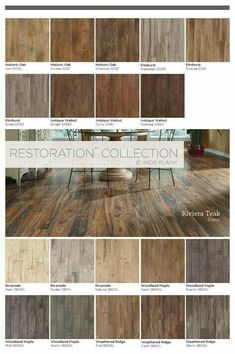 wood flooring samples with the words restoration collection in white and brown, including an image of