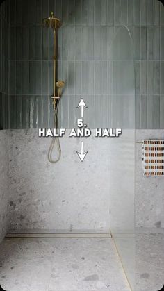 a bathroom with a walk in shower and half and half walls showing the measurements for each wall