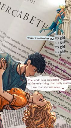 an image of a man and woman kissing in front of a book page with the words percabeth on it