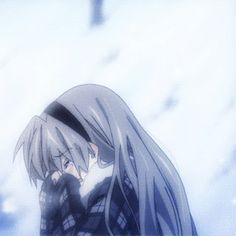 an anime character with long hair standing in the snow