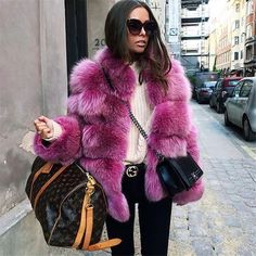 Pink Fur Coat, Luxury Jacket, Winter Fur Coats, Fox Fur Jacket, Pink Fur, Moda Chic, Women Overcoat, Fur Coats Women, Casual Outerwear