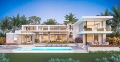 an artist's rendering of a modern house with swimming pool and palm trees in the background