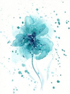 a watercolor painting of a blue flower on a white background with drops of paint