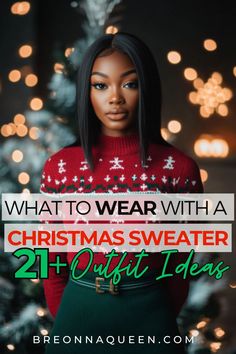 Make your Christmas sweater a winter wardrobe staple with these 21 versatile outfit ideas. I'll show you how to incorporate your festive knit into your everyday cold-weather looks, from office attire to weekend wear. These styling tips will help you get the most out of your holiday sweater all season long! #ChristmasSweaterStyle #WinterWardrobe Christmas Vest Outfits For Women, Houndstooth Christmas Outfit, Chic Ugly Christmas Sweater Outfit, Styling Christmas Sweater, Classy Christmas Sweater, Xmas Jumper Outfit, Black Sweater Christmas Outfit, Christmas Sweater And Skirt Outfit, Outfits With Christmas Sweaters