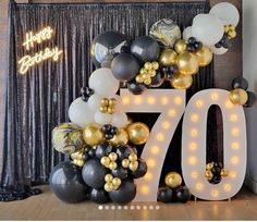 an image of a 70th birthday celebration with balloons and lights on the wall in front of it