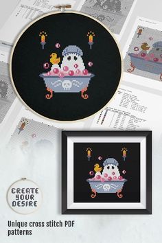 the cross stitch pattern has been designed to look like an old fashioned bathtub with a penguin in it