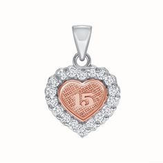 Gold Quince Años 15th Birthday Heart Pendant Necklace in Solid Gold This heart pendant is studded with cubic zirconias and has a 15 in the middle. It makes for the perfect quinceanera present.Product Information Metal: 14K Yellow/White/Rose Gold Stone: Cubic zirconia Weight: 1.07 g Dimensions: 11 mm. x 11 mm. SKU: QM1785 Made in Los Angeles, CA Birthday Heart, Gold Quince, Heart Pin, Rose Gold Pendant, 15th Birthday, Gold Stone, White Rose Gold, Heart Pendant Necklace, Quince