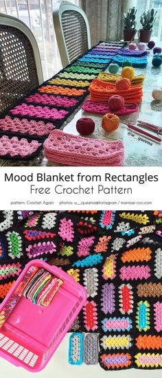 a crocheted table with many different items on it and the text mood blanket from rectangles free crochet pattern