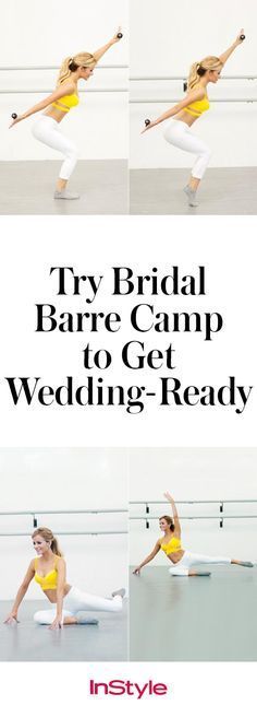 a woman in yellow shirt and white pants doing yoga with text overlay that reads try bridal bare camp to get wedding - ready