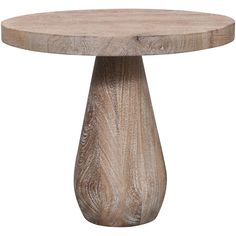 a wooden table with a round base and wood grain pattern on the top, against a white background