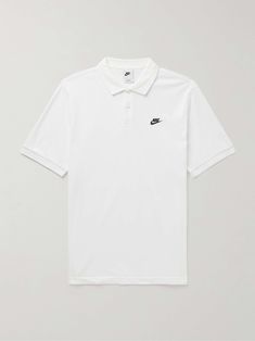 NIKE Club Logo-Embroidered Cotton-Piqué Polo Shirt for Men Sporty Collared T-shirt For College, Classic Polo Shirt With Embroidered Logo For Streetwear, Casual White Polo Shirt For College, Cotton Short Sleeve Polo Shirt For College, Sporty Cotton Polo Shirt For College, White Polo Shirt For College, Classic Short Sleeve Polo Shirt For Streetwear, Sporty Cotton Polo Shirt For Streetwear, Sporty Cotton Polo Shirt For Summer