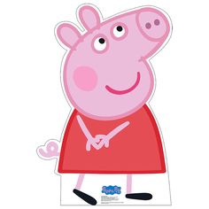 peppa pig in a red dress with her arms out and eyes wide open, standing