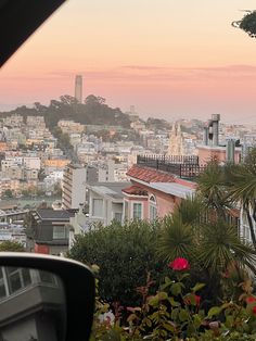 a view of the city from behind some trees