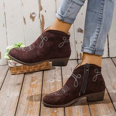 Category:Boots; Upper Materials:Satin; Embellishment:Embroidery; Season:Winter,Fall; Heel Type:Chunky Heel; Gender:Women's; Toe Shape:Pointed Toe; Type:Booties Ankle Boots; Style:Minimalism,Elegant,Fashion,Casual; Heel Height(inch):1-2; Outsole Materials:Rubber; Occasion:Outdoor,Daily; Closure Type:Zipper; Pattern:Solid Color; Listing Date:08/04/2023; Production mode:External procurement; 2023 Trends:Plus Size,Cowboy Boots,Cowgirl Boots,Heel Boots; Foot Length:; Foot Width:; SizeChart1_ID:2:1840