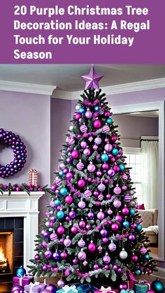 a purple christmas tree with presents under it and the words, 20 purple christmas tree decoration ideas