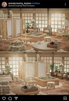 the interior of a japanese style living room is shown in three different views, including an open air bathtub and coffee table