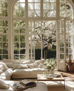 a living room filled with lots of furniture next to large windows and a tree in the background