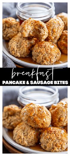 two pictures of pancakes and sausage bites on a plate with the words breakfast written above them