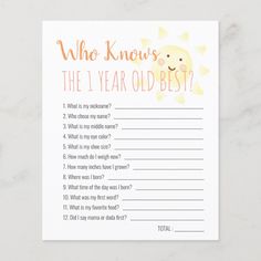 This cute "who knows the 1 year old best?" 1st/first birthday party game sheet features a white background with the smiling sun in watercolor. The reverse side features a white background with yellow stripes in watercolor. Personalize for your needs. You can find more matching products at my store. 1st Birthday Trivia, Would He Rather, First Birthday Activities, Sunshine Watercolor, 1st Birthday Games, 1st Birthday Party Games, First Birthday Game, Sunshine First Birthday, First Birthday Games