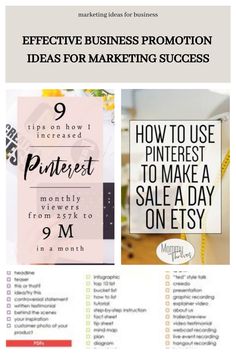 an advertisement with the words effective business promotion ideas for marketing success and how to use pinterest to make a sale a day