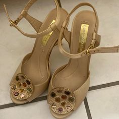 Brand:Bcbgmaxazria Color: Gold Size:5.5 Condition:New And No Box Final Sale Beige Rhinestone Heels For Evening, Evening Beige Heels With Rhinestones, Glamorous Embellished Beige Heels, Beige Embellished Heels For Formal Occasions, Ivory High Heels, Gold Wedge Heels, Tie Heels, Shoes Beige, Caged Heels